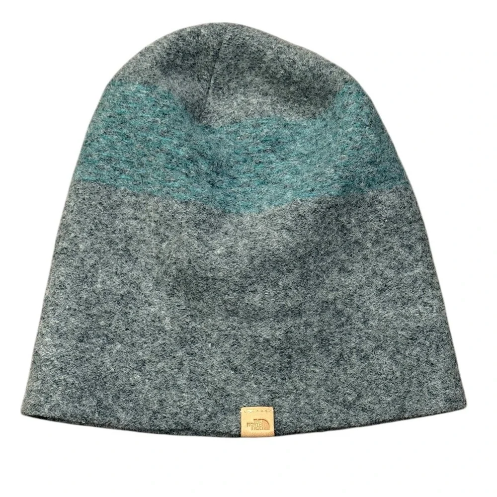 The North Face Wool Beanie Hat Gray Teal Stripe Unisex Ski Snowboard Outdoor Cap